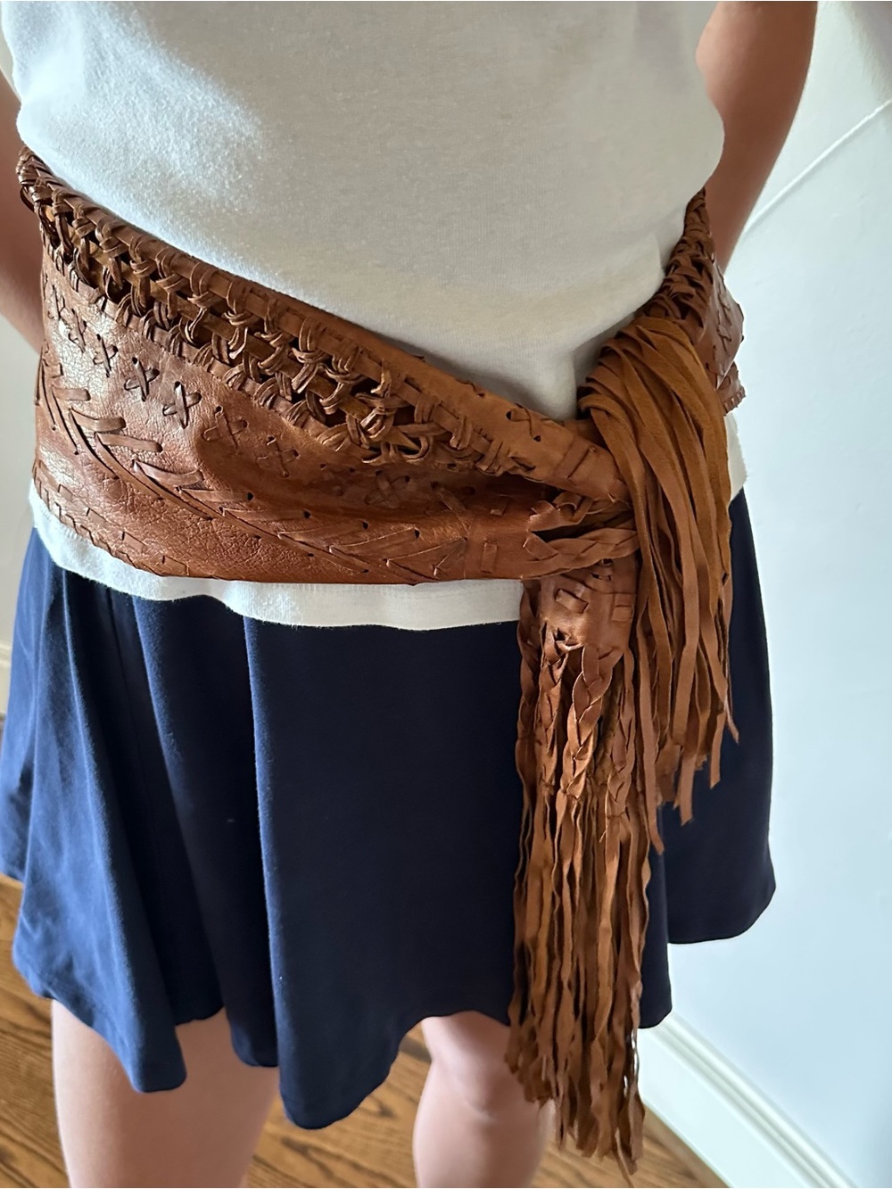 DONNA KARAN Boho Woven Fringe Leather Waist Belt - Brown🌸